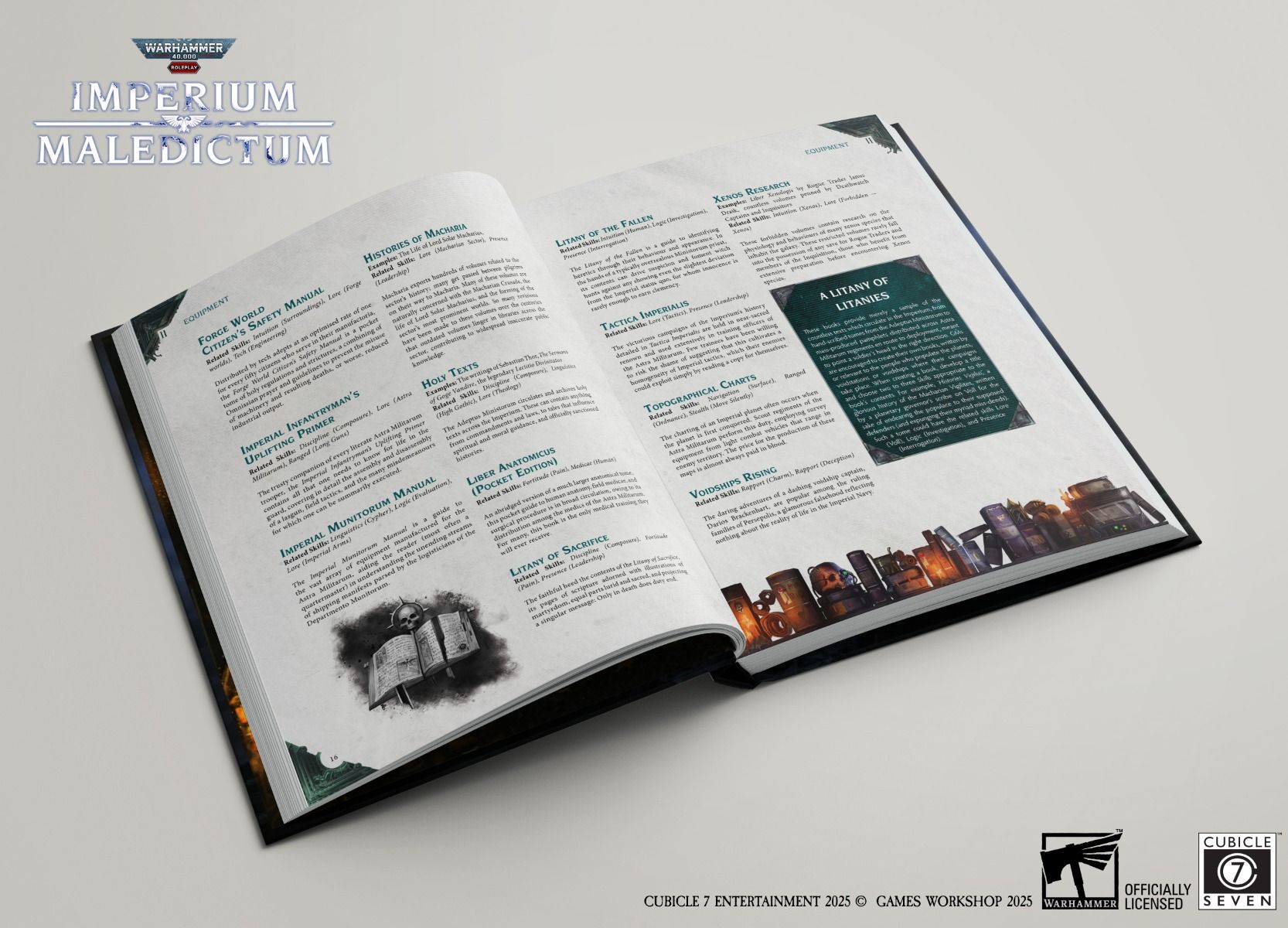 Warhammer 40,000 Roleplay: Imperium Maledictum, Macharian Requisition Guide - Open Warhammer 40,000 Roleplay book with black text, teal section headers, and orange sci-fi cityscape border on white pages.