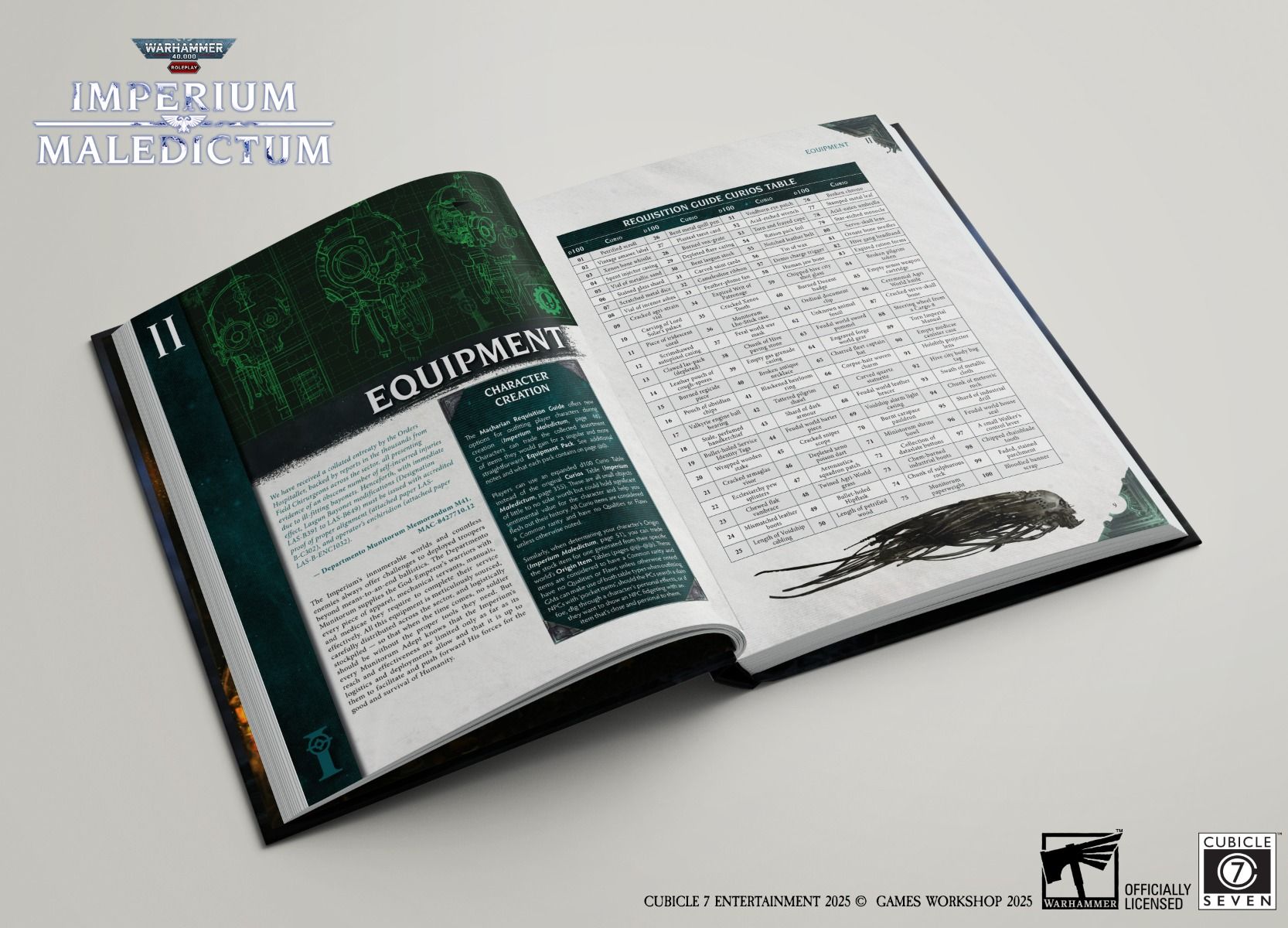Warhammer 40,000 Roleplay: Imperium Maledictum, Macharian Requisition Guide - Open tabletop RPG book with black, dark green, and white pages showing equipment rules and a detailed chart.