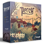 Perch - Board game box with rustic house and garden scene, featuring birds on branches and fence.