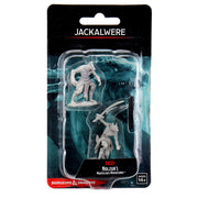 D&D Nolzur's Marvelous Miniatures: Jackalwere - Two unpainted grey plastic jackalwere miniatures in dynamic poses, packaged in clear blister pack with dark fantasy.