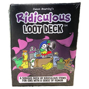 Jason Anarchy's Ridiculous Loot Deck - Black card deck box with colorful cartoon illustrations of various objects and a parrot, titled "Ridiculous Loot Deck" in.
