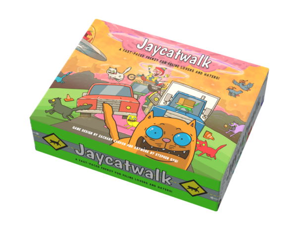 Jaycatwalk - Colorful rectangular board game box featuring cartoon animals and vehicles on a bright landscape background.