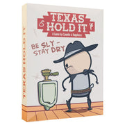 Texas Hold It - Texas Hold It card game box with cartoon cowboy beside a urinal on beige background.