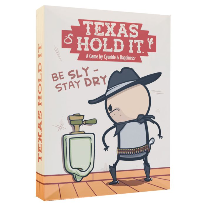 Texas Hold It - Texas Hold It card game box with cartoon cowboy beside a urinal on beige background.