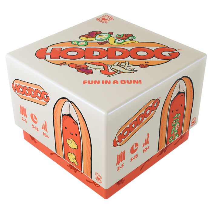 Hoddog - Square box with cartoon hot dog characters and "HODDOG" text, bright orange and beige colors.