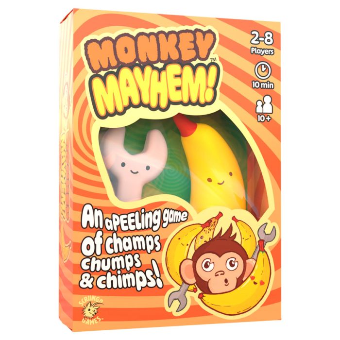 Monkey Mayhem - Bright orange Monkey Mayhem party game box featuring cartoon monkey and banana characters with playful text and window.