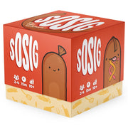 Sosig - Red and beige cube-shaped Sosig party game box featuring cartoon sausage characters and white bold text.