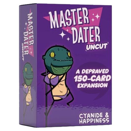 Master Dater: Uncut Expansion (PREORDER) - Purple rectangular card game box featuring a cartoon green lizard character wearing a beige shirt, labeled "Master Dater.