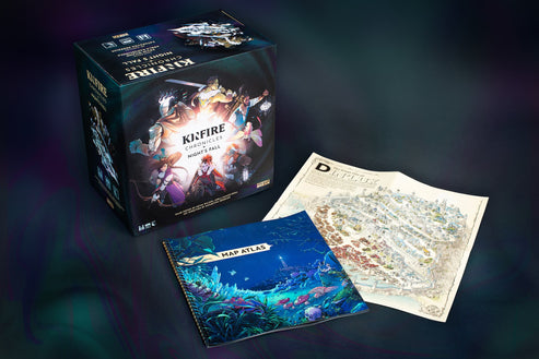 Kinfire Chronicles: Night's Fall 2nd Printing - Dark-themed Kinfire Chronicles Night’s Fall game box with character art, blue rulebook, and detailed fantasy map laid out.