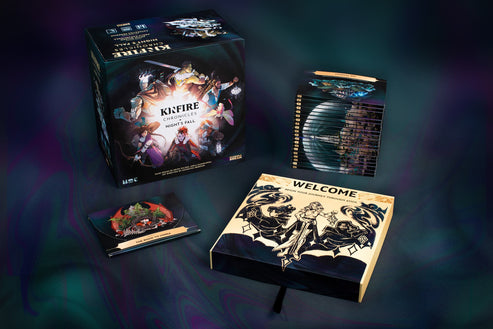 Kinfire Chronicles: Night's Fall 2nd Printing - Dark-themed board game box with fantasy artwork, cards displaying character stats, colorful miniatures, and a square.