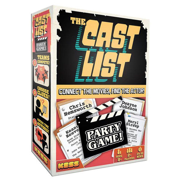 The Cast List - Black and orange party game box titled The Cast List with cards and a clapperboard on the front.