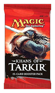 Magic: The Gathering - Khans of Tarkir Booster Pack - The Gathering booster pack featuring a warrior with a sword, labeled Khans of Tarkir, 15-card pack.