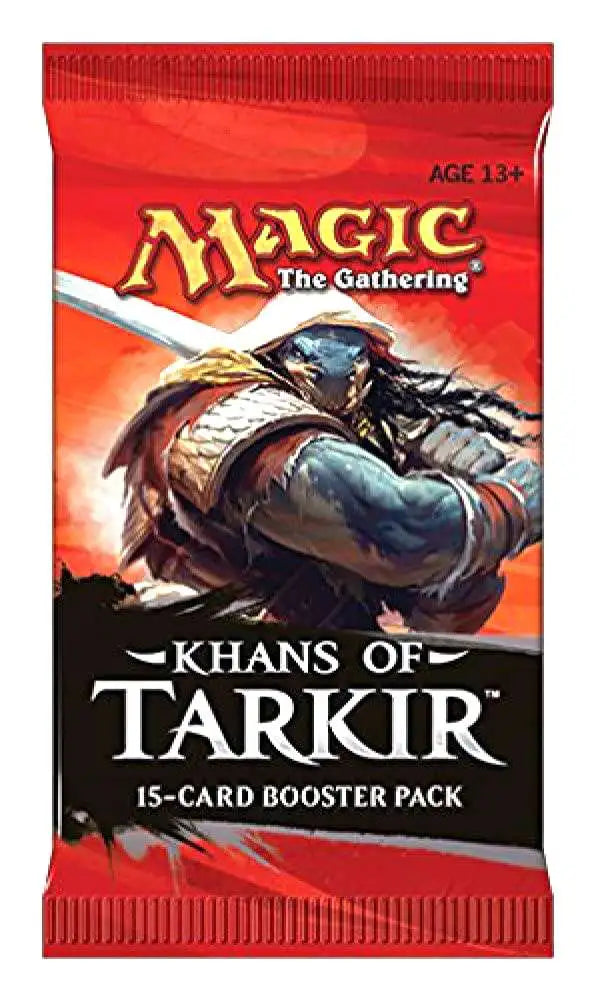 Magic: The Gathering - Khans of Tarkir Booster Pack - The Gathering booster pack featuring a warrior with a sword, labeled Khans of Tarkir, 15-card pack.