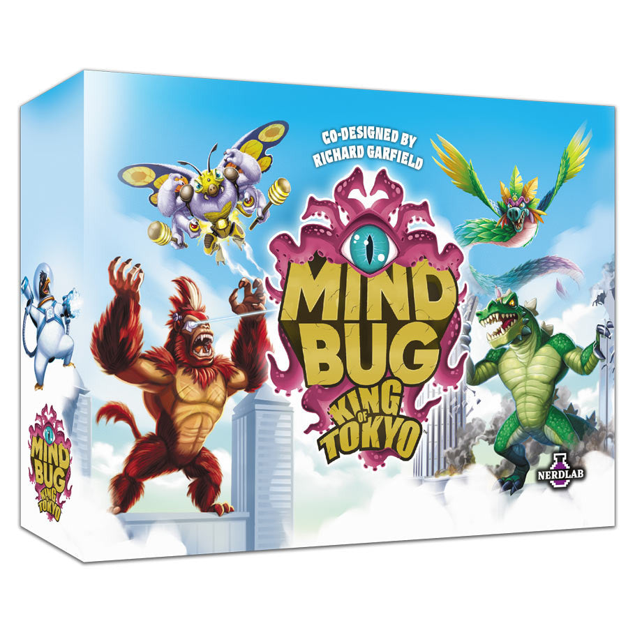 Mindbug: King of Tokyo Expansion - Colorful board game box featuring illustrated giant insects and monsters with bold yellow and red "Mindbug King of Tokyo".