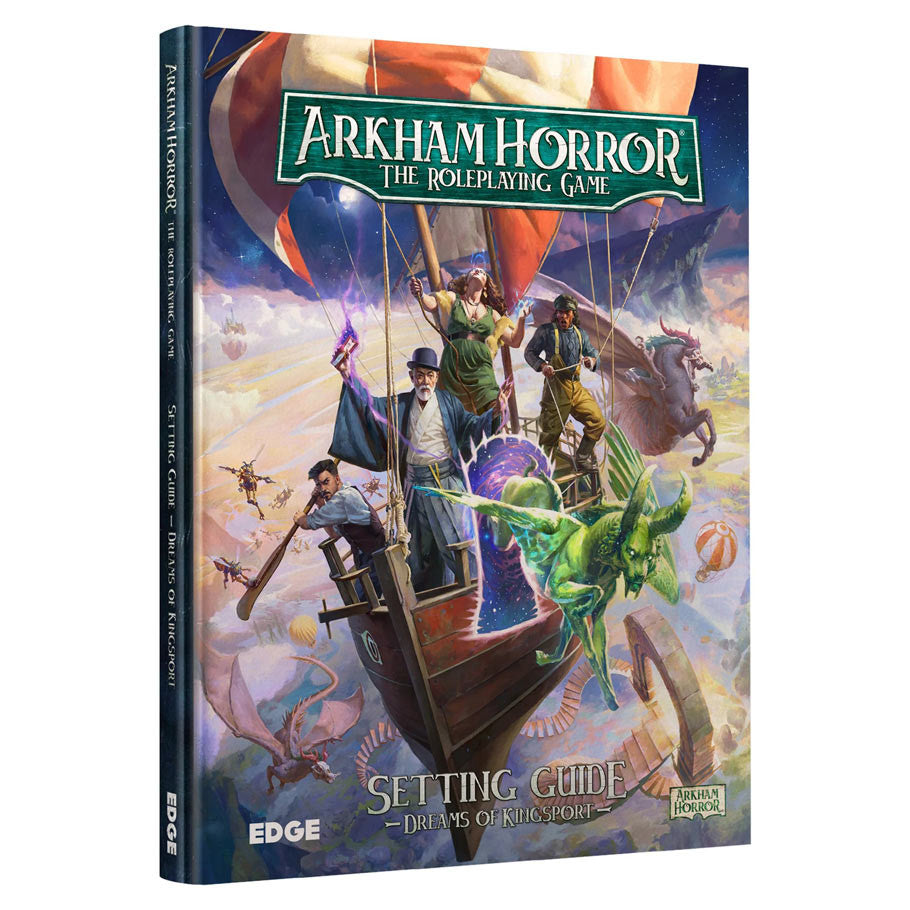 Arkham Horror RPG: Dreams of Kingsport - Arkham Horror RPG book with colorful fantasy cover art showing characters fighting a green creature aboard a flying ship.