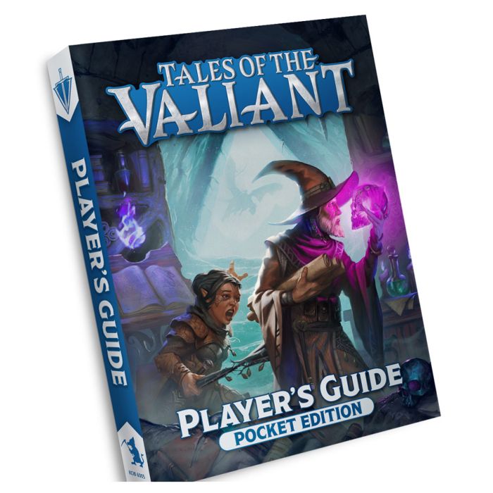 Tales of the Valiant: Player's Guide (Pocket Edition) - Dark blue fantasy RPG guidebook featuring a wizard and warrior casting spells, titled Tales of the Valiant Player's Guide.
