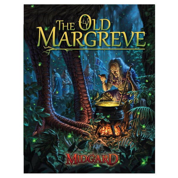 Tales of the Valiant: The Old Margreve - Dark fantasy-themed RPG book cover featuring a mysterious figure stirring a glowing cauldron in a forest at night with the.