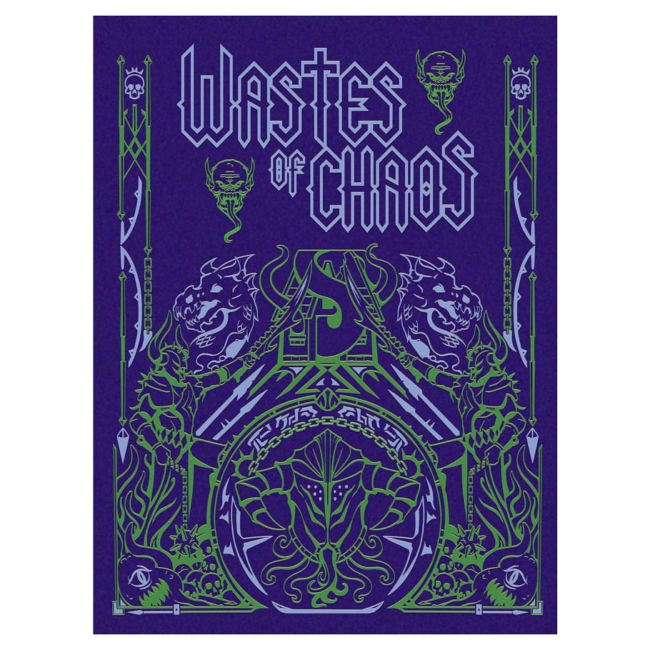 D&D 5E: Wastes of Chaos Limited Edition - Purple book cover with green and silver intricate fantasy designs, featuring two snarling beasts and stylized text reading.