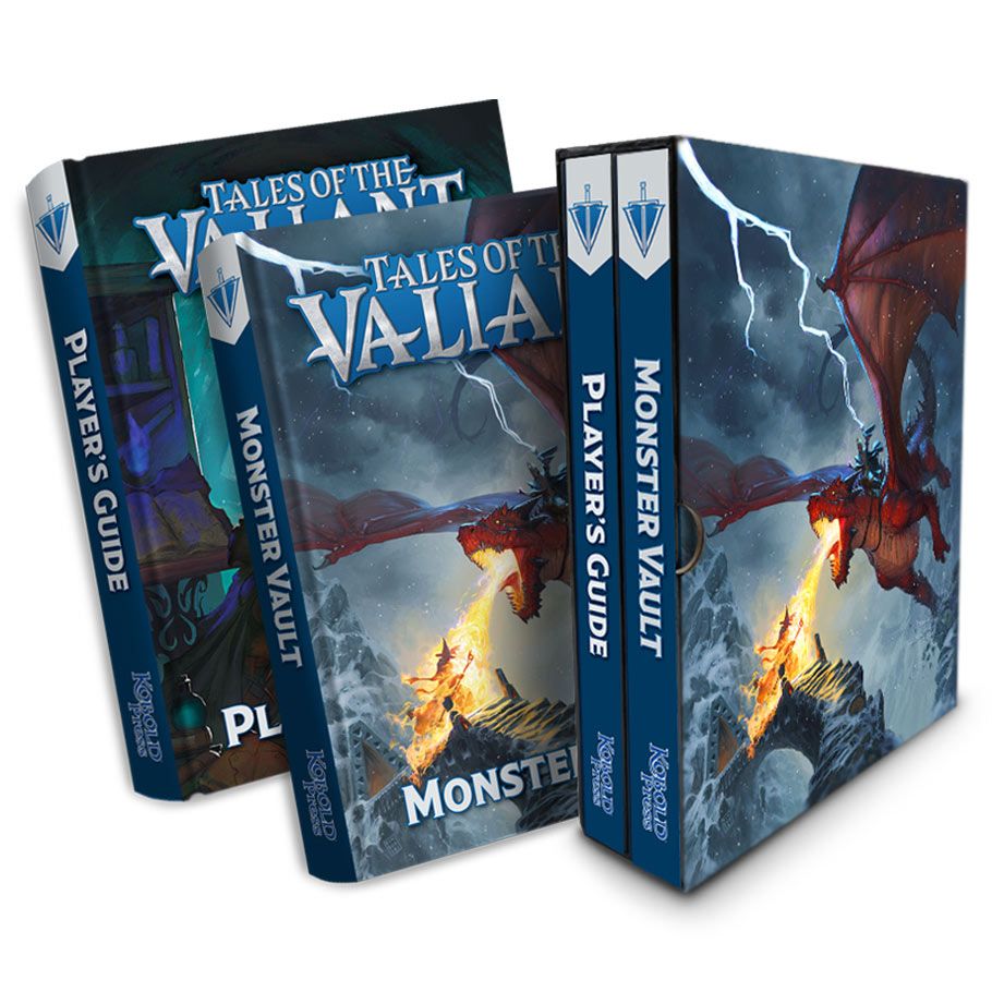Tales of the Valiant: Gift Set - Hardcover fantasy game books with dark blue covers featuring a dragon and stormy sky, titled Tales of the Valiant Gift Set.