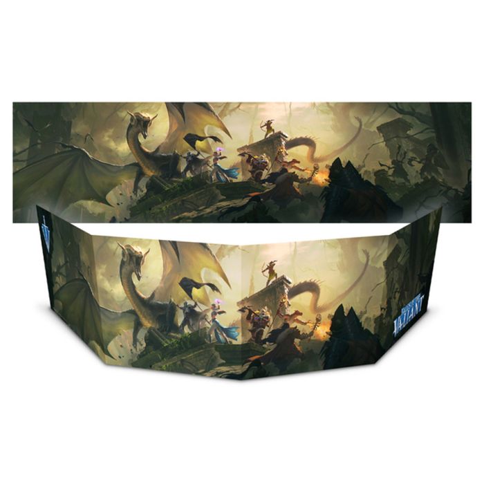 Tales of the Valiant: Game Master's Screen - Tri-fold fantasy game master’s screen featuring a dramatic dragon and adventurers illustration in muted earth tones with.