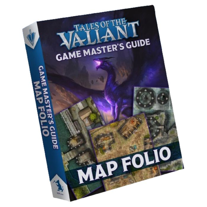 Tales of the Valiant: Game Master's Guide Map Folio - Dark fantasy-themed guidebook with purple dragon artwork, thick spine, and colorful map inserts.