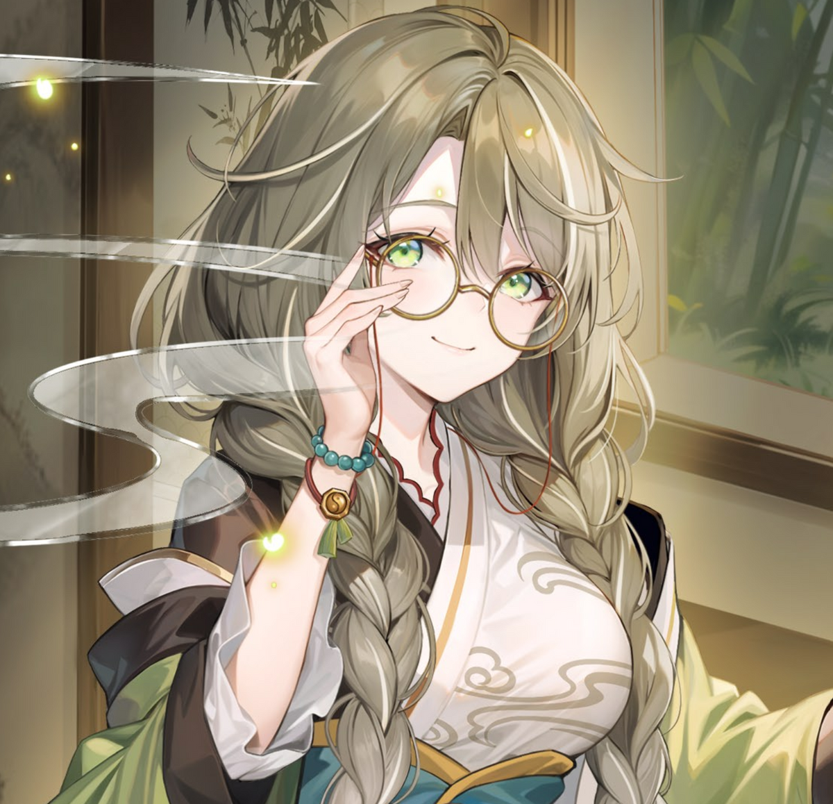 Grand Archive TCG: Kongming Starter Deck - Anime-style character with long braided light blonde hair, round glasses, and green eyes, wearing a white robe with black.
