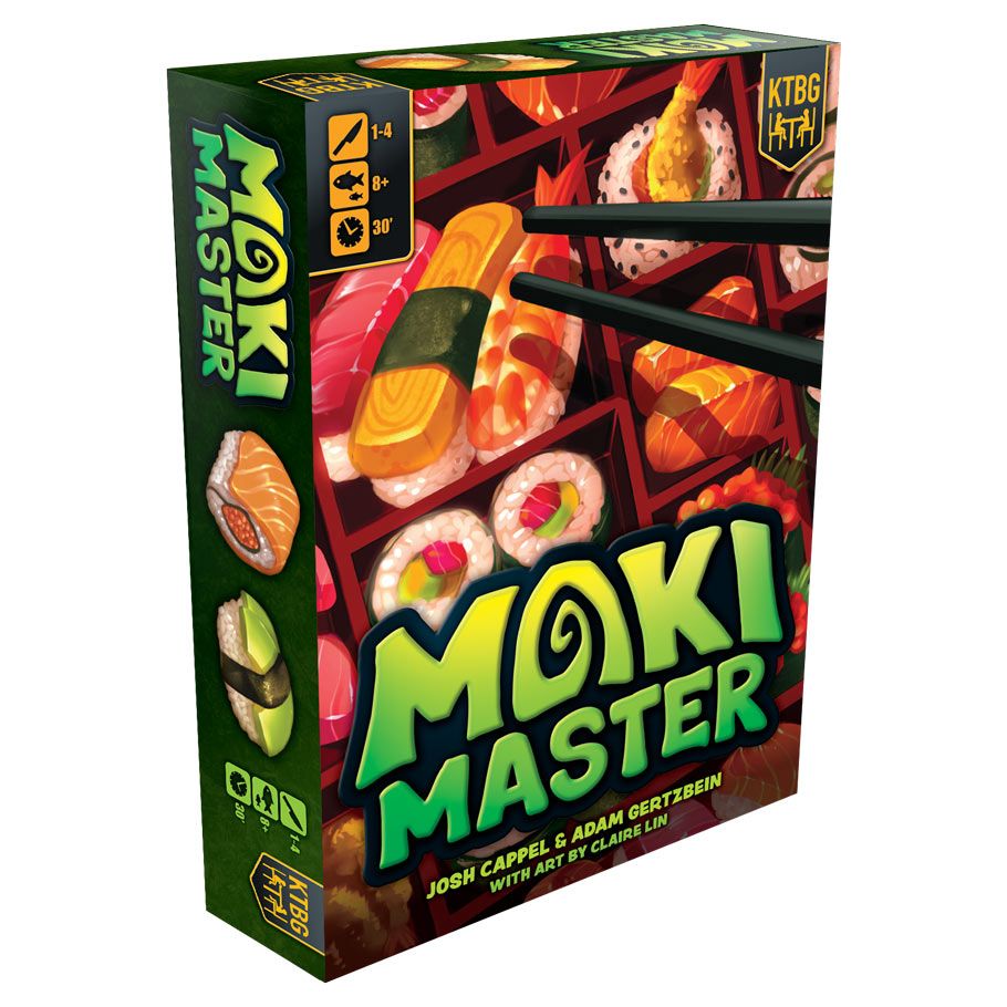 Maki Master - Colorful Maki Master family game box featuring sushi illustrations and chopsticks on green and red background.