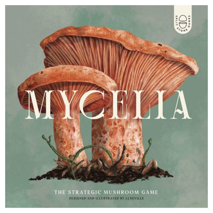 Mycelia - Board game box cover featuring two large detailed orange-brown mushrooms with gills, on a muted green background.