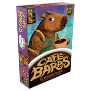 Café Baras - Colorful game box featuring an illustrated brown capybara holding a coffee cup with steam, titled Café Baras in bold text.