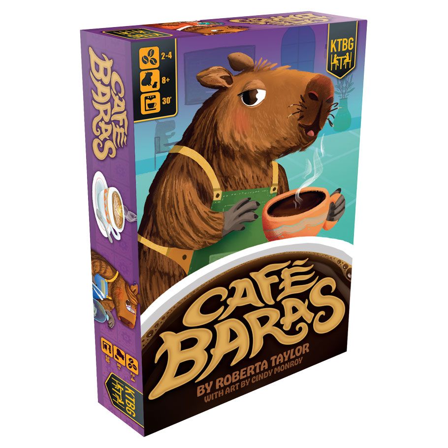 Café Baras - Colorful game box featuring an illustrated brown capybara holding a coffee cup with steam, titled Café Baras in bold text.
