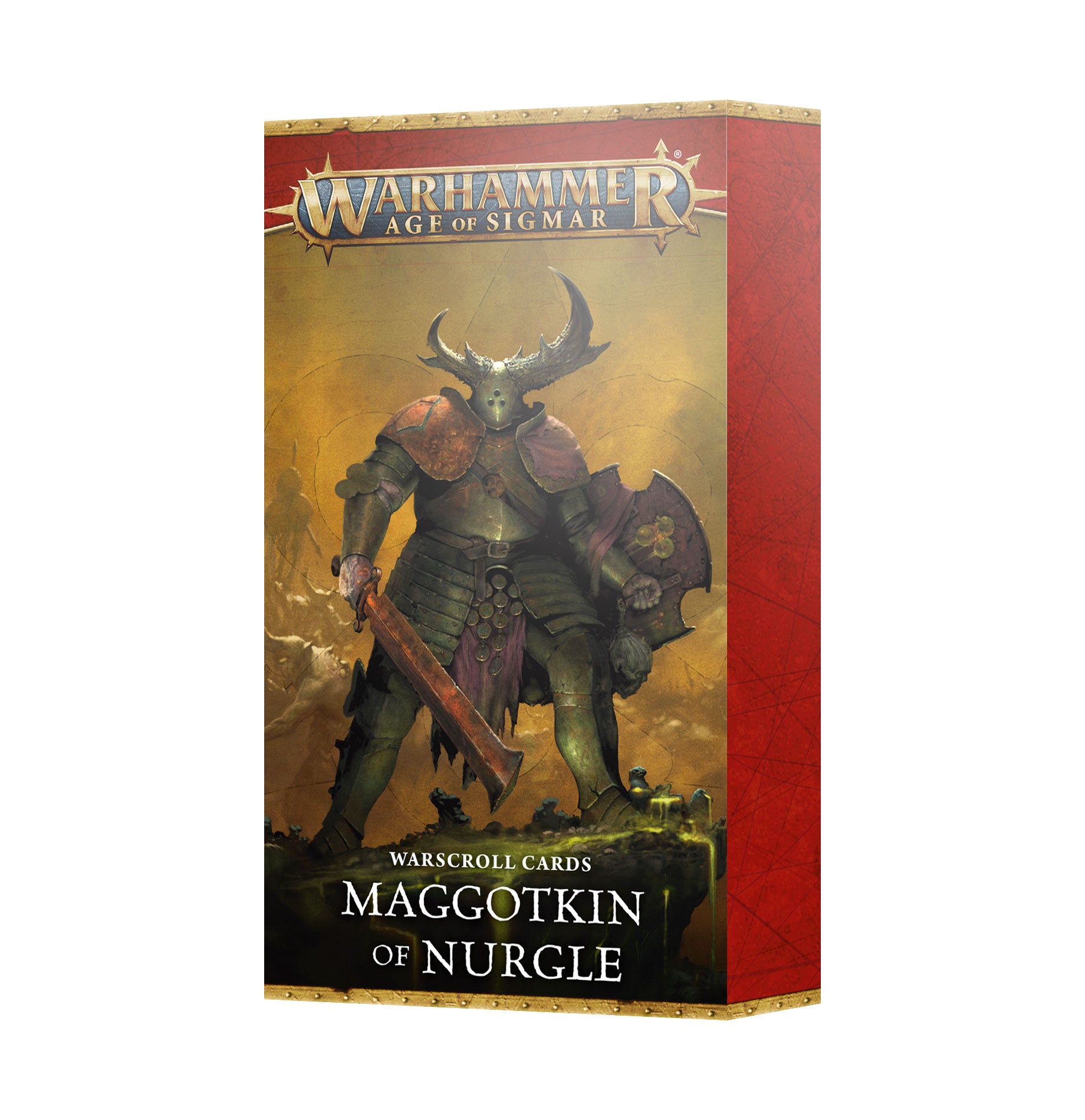 Warhammer Age of Sigmar - Maggotkin of Nurgle - Warscrolls - Warhammer Age of Sigmar Maggotkin of Nurgle Warscrolls box with dark fantasy warrior artwork on front and red sides.