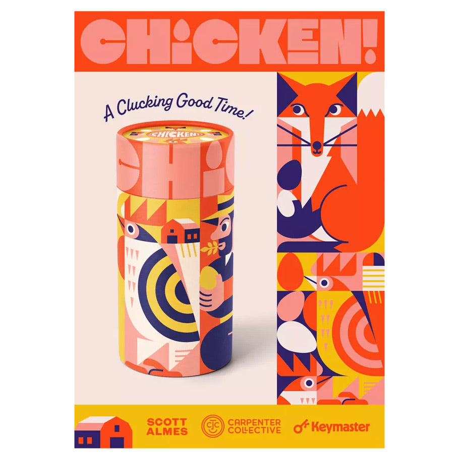 Chicken! - Colorful cylindrical game box with bold "CHICKEN!" text and vibrant abstract animal illustrations.