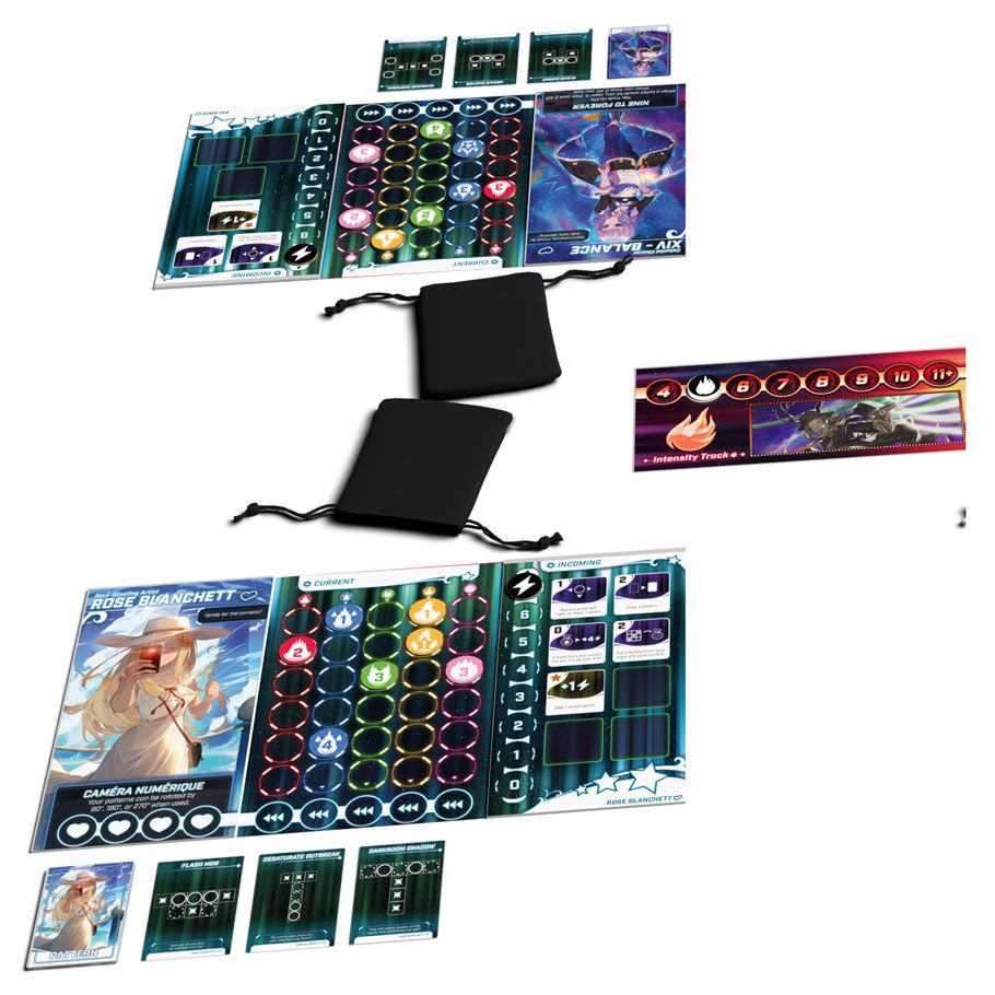 Bullet Star - Colorful game boards with grids, cards featuring characters, two black drawstring bags, and score tracker for family game.