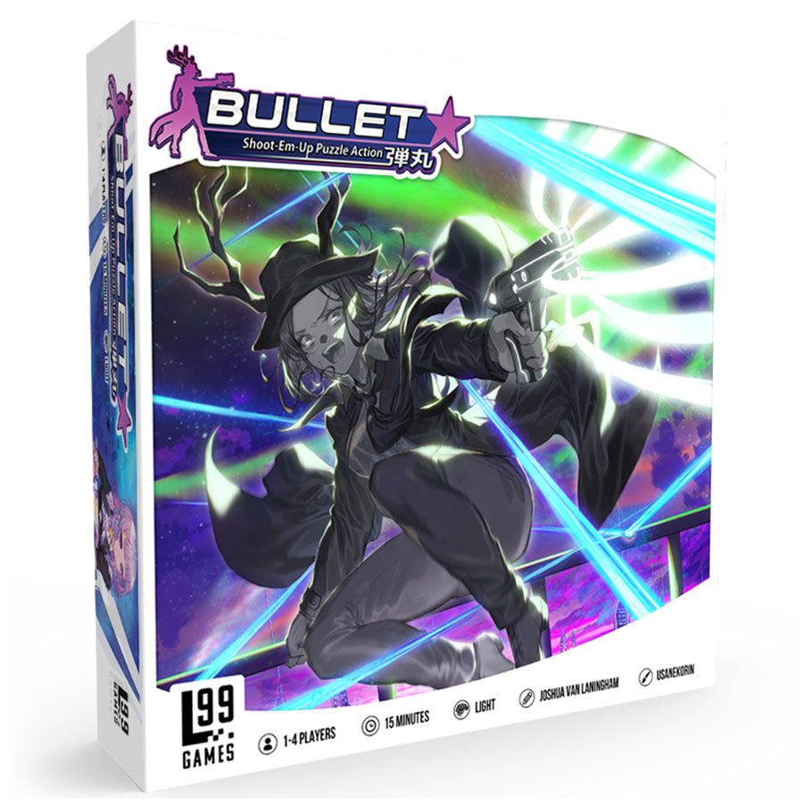 Bullet Star - Bullet Star game box with a dark, futuristic character holding glowing blue weapons amid vibrant light streaks on a black.