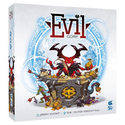 Evil Corp. - Board game box for Evil Corp featuring a menacing red horned demon on a stone pedestal with colorful cartoon characters.