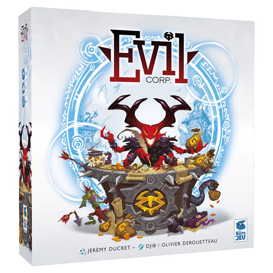 Evil Corp. - Board game box for Evil Corp featuring a menacing red horned demon on a stone pedestal with colorful cartoon characters.