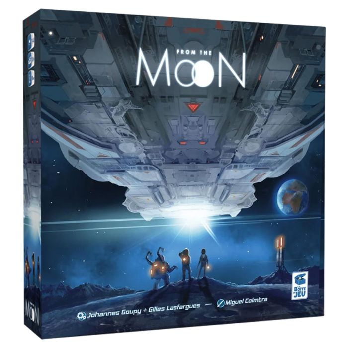 From The Moon - Dark blue sci-fi board game box featuring a large spaceship above a moon surface with three characters and Earth in the.