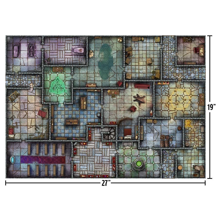 Dungeon Gift Wrap - 27x19 inch detailed dungeon map gift wrap with stone walls, wooden furniture, and dungeon-themed rooms.