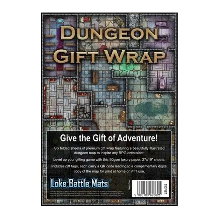 Dungeon Gift Wrap - Colorful dungeon map-themed gift wrap with grid lines and room details in various shades.