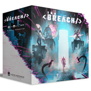 The Breach: Core Game - The Breach Core Game box featuring futuristic neon purple and blue artwork with shadowy figures and sci-fi cityscape.