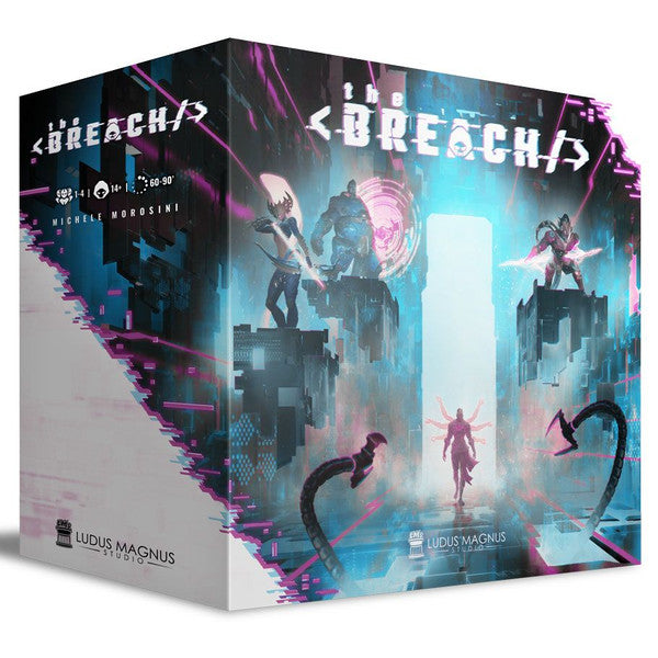 The Breach: Core Game - The Breach Core Game box featuring futuristic neon purple and blue artwork with shadowy figures and sci-fi cityscape.