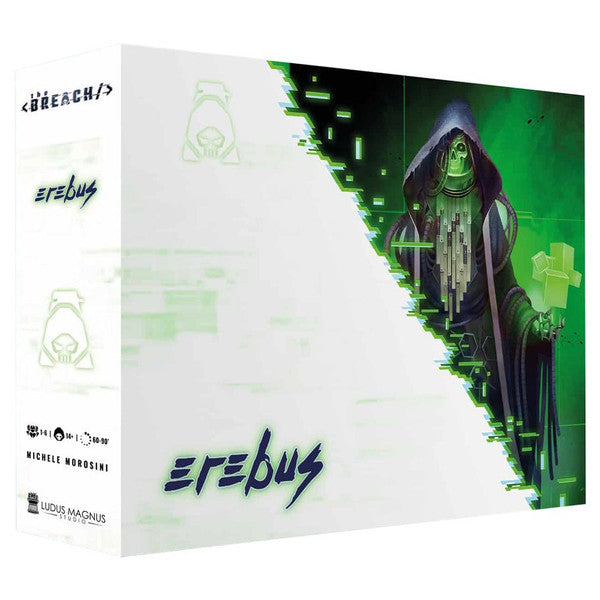 The Breach: Erebus - Strategy game expansion box with dark green and black artwork featuring a cloaked figure holding a cross-shaped staff.