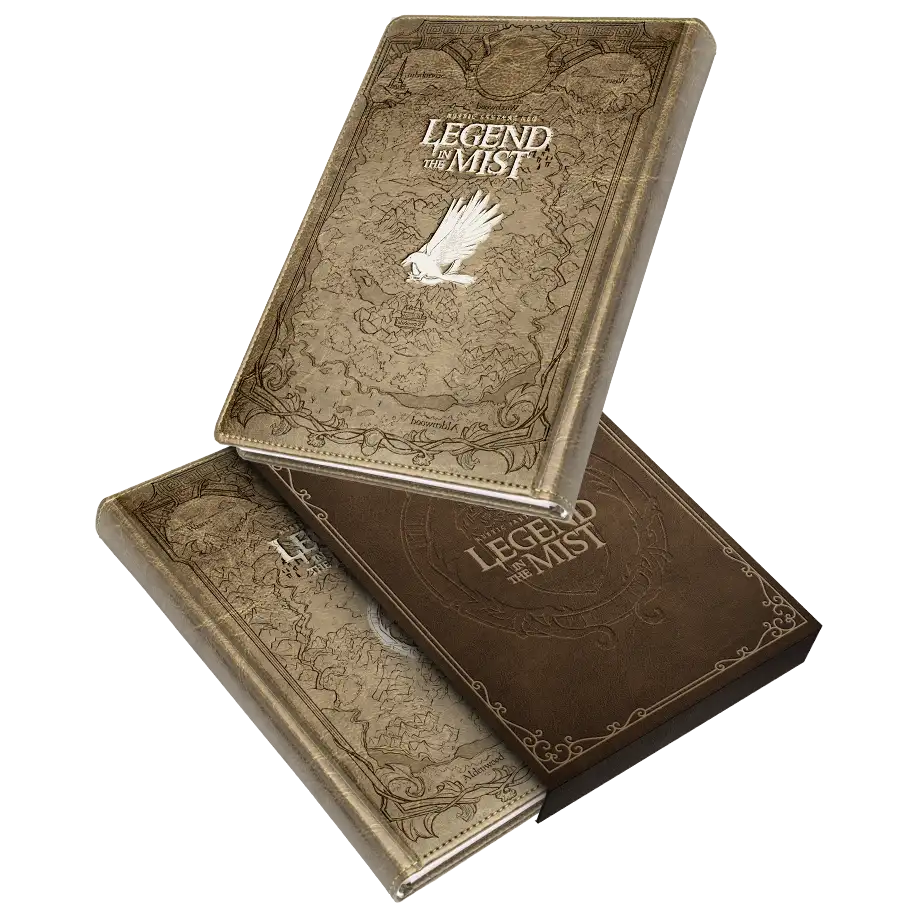 Legend in the Mist: Collector Slipcase Set (PREORDER) - Brown hardcover RPG books with ornate borders and a white bird emblem on the cover, titled Legend in the Mist.