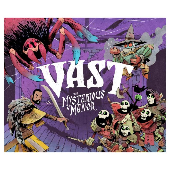 Vast: The Mysterious Manor - Colorful board game box featuring a wizard, giant crab, armored warrior, and skeleton characters in a dark, spooky mansion.