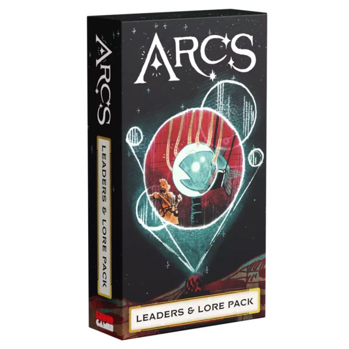 Arcs: Leaders & Lore Expansion Pack - Black rectangular box featuring a red circular emblem with white and teal cosmic illustrations, titled Arcs Leaders & Lore.