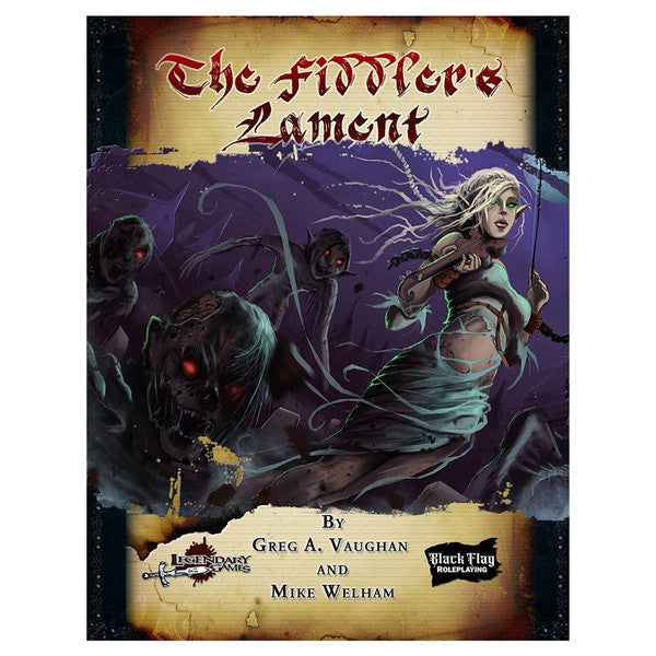 D&D 5E: The Fiddler's Lament - Dark fantasy book cover with a pale female bard fleeing shadowy red-eyed creatures, gothic title text in red and black.