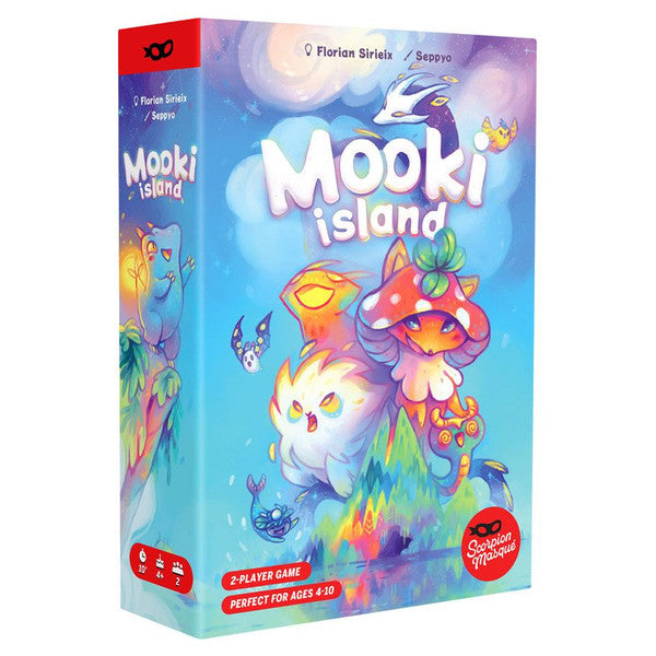 Mooki Island - Colorful Mooki Island board game box featuring whimsical fantasy creatures on a vibrant blue background.