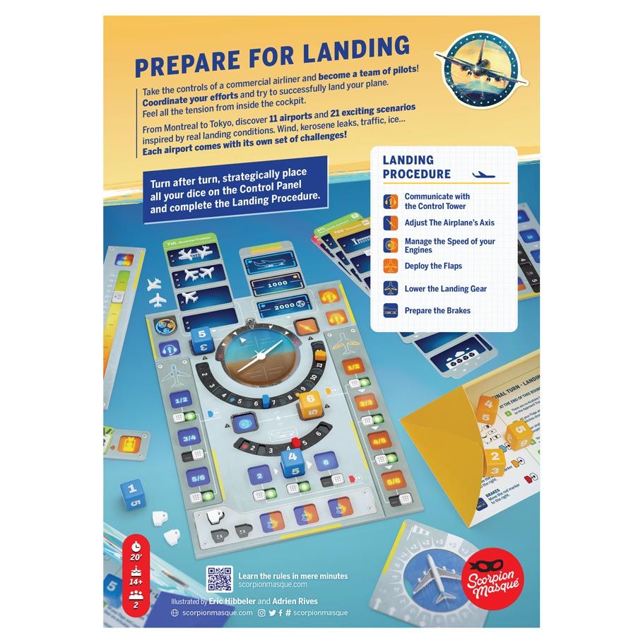 Sky Team - Colorful board game setup with blue and orange tones, featuring planes, pathways, cards, and a circular dial for flight.