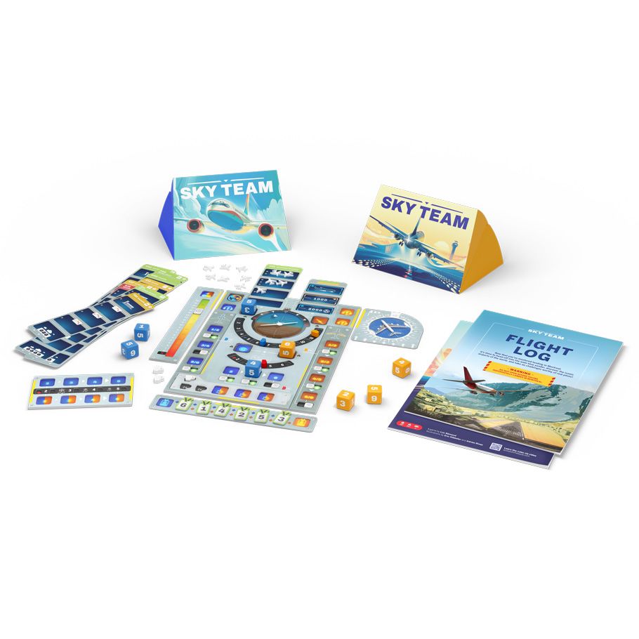Sky Team - Sky Team board game set with colorful player boards, dice, cards, tokens, and a blue-themed instruction booklet.