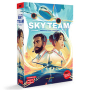 Sky Team - Colorful board game box featuring two pilots, a jet plane, and a dramatic sky background.